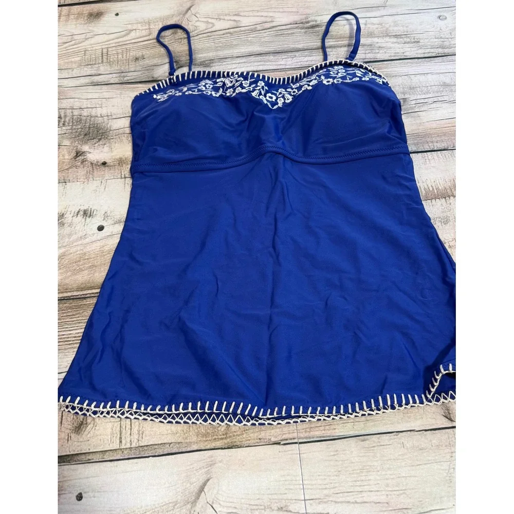 Cupshe‎ Blue Floral Tankini Set Elegant Embroidered Swimwear Chic Beach Look L